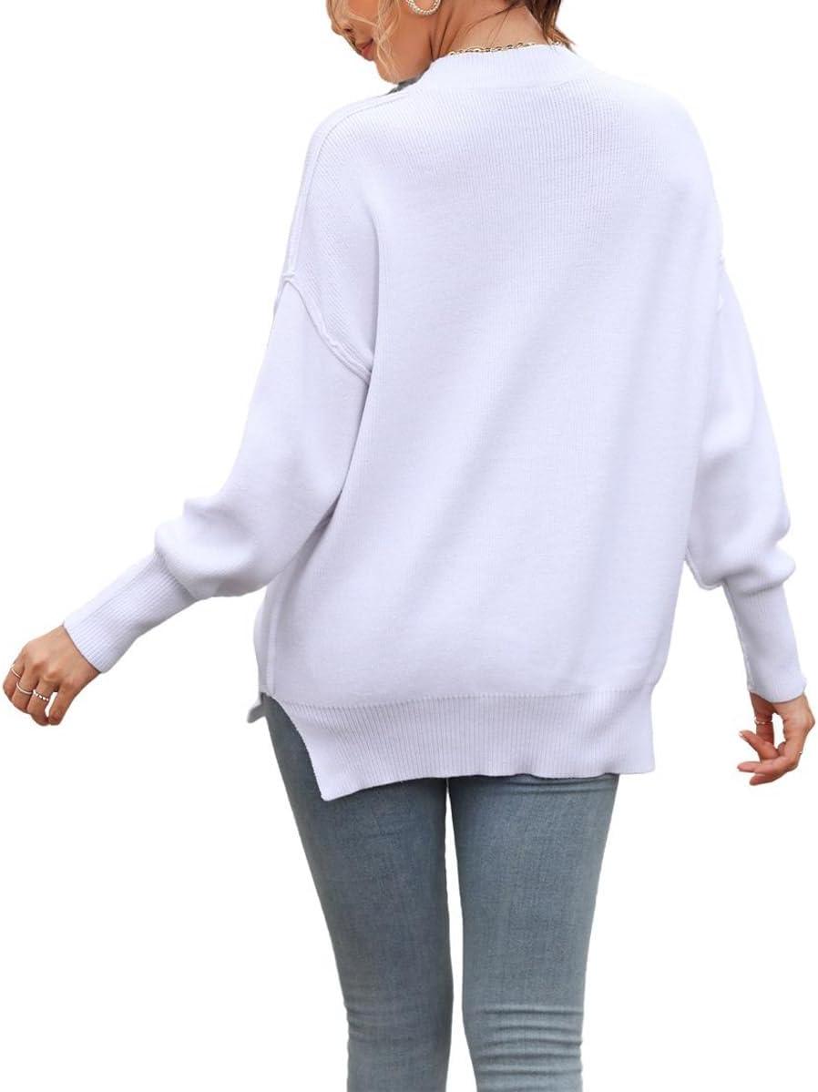 imageCHARTOU Womens Loose Fit Crew Neck Side Split HiLow Oversized Knit Pullover Sweater TopsWhite