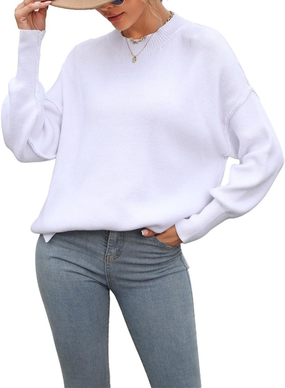 imageCHARTOU Womens Loose Fit Crew Neck Side Split HiLow Oversized Knit Pullover Sweater TopsWhite