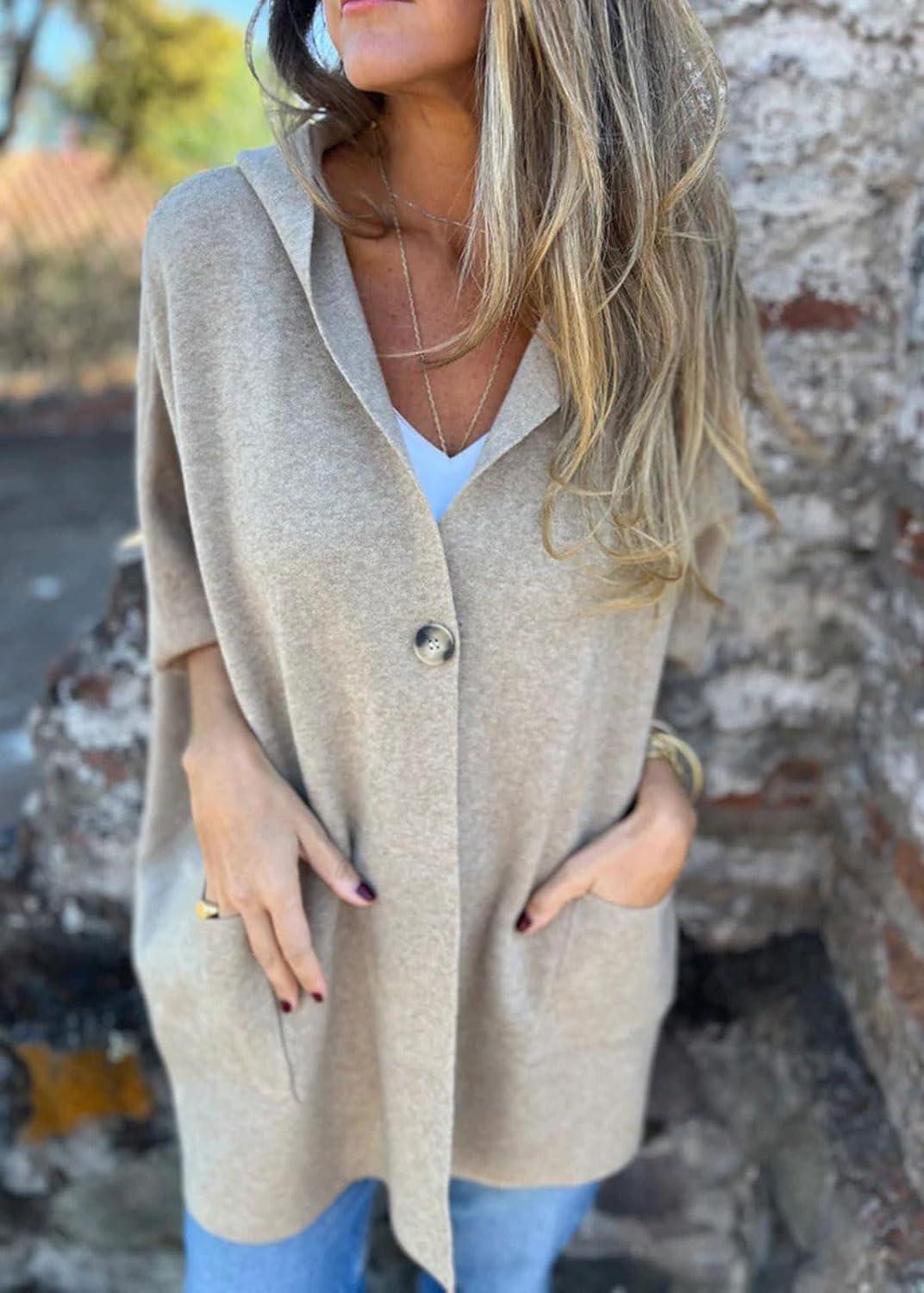 imageCHARTOU Womens Oversized Hooded Cape Jacket Short Sleeve Cardigan Coat One Piece Poncho Top with PocketsApricot