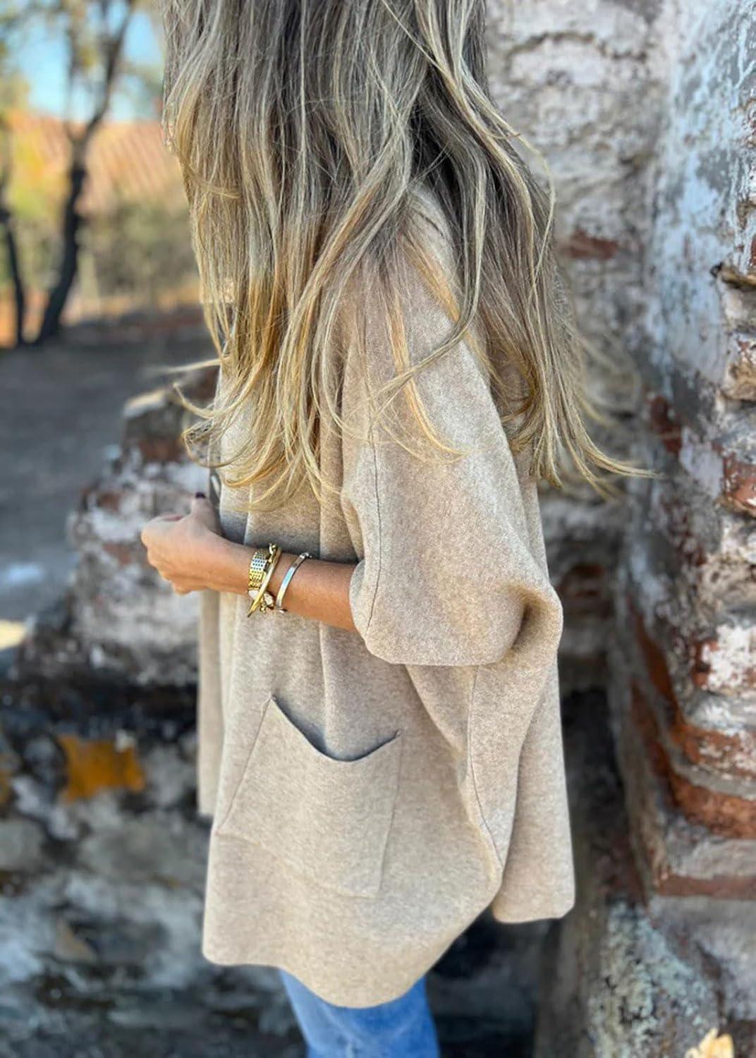 imageCHARTOU Womens Oversized Hooded Cape Jacket Short Sleeve Cardigan Coat One Piece Poncho Top with PocketsApricot