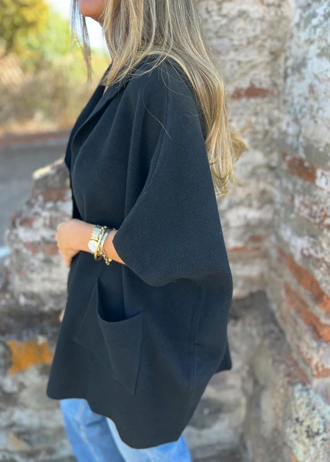 imageCHARTOU Womens Oversized Hooded Cape Jacket Short Sleeve Cardigan Coat One Piece Poncho Top with PocketsBlack