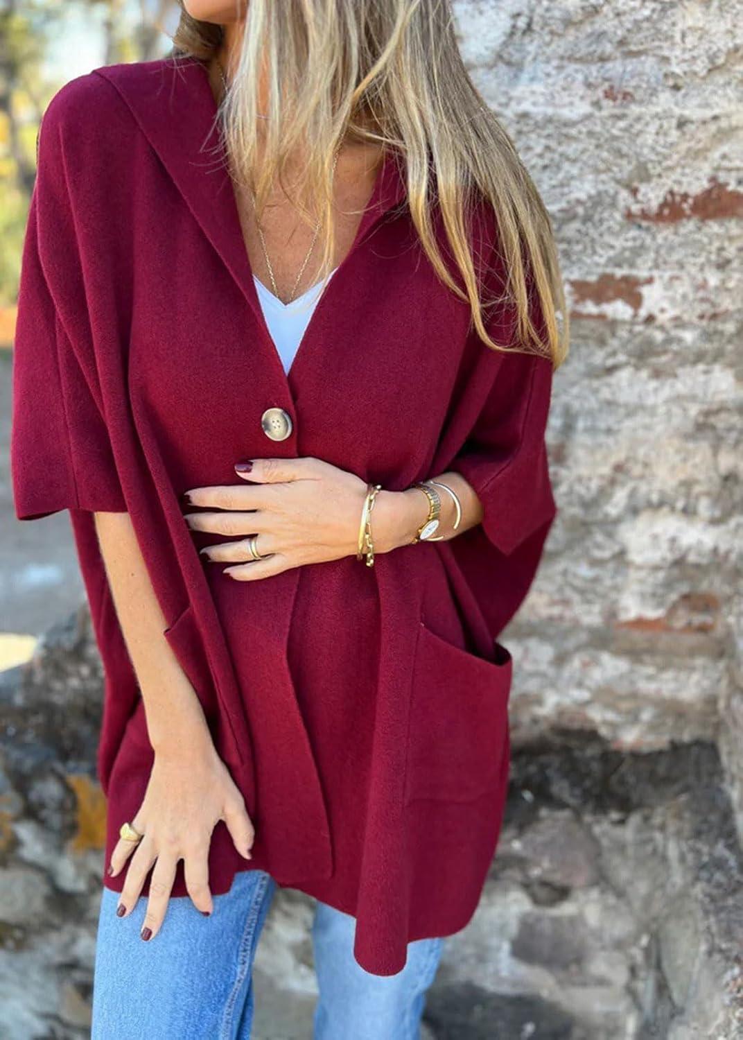 imageCHARTOU Womens Oversized Hooded Cape Jacket Short Sleeve Cardigan Coat One Piece Poncho Top with PocketsBurgundy