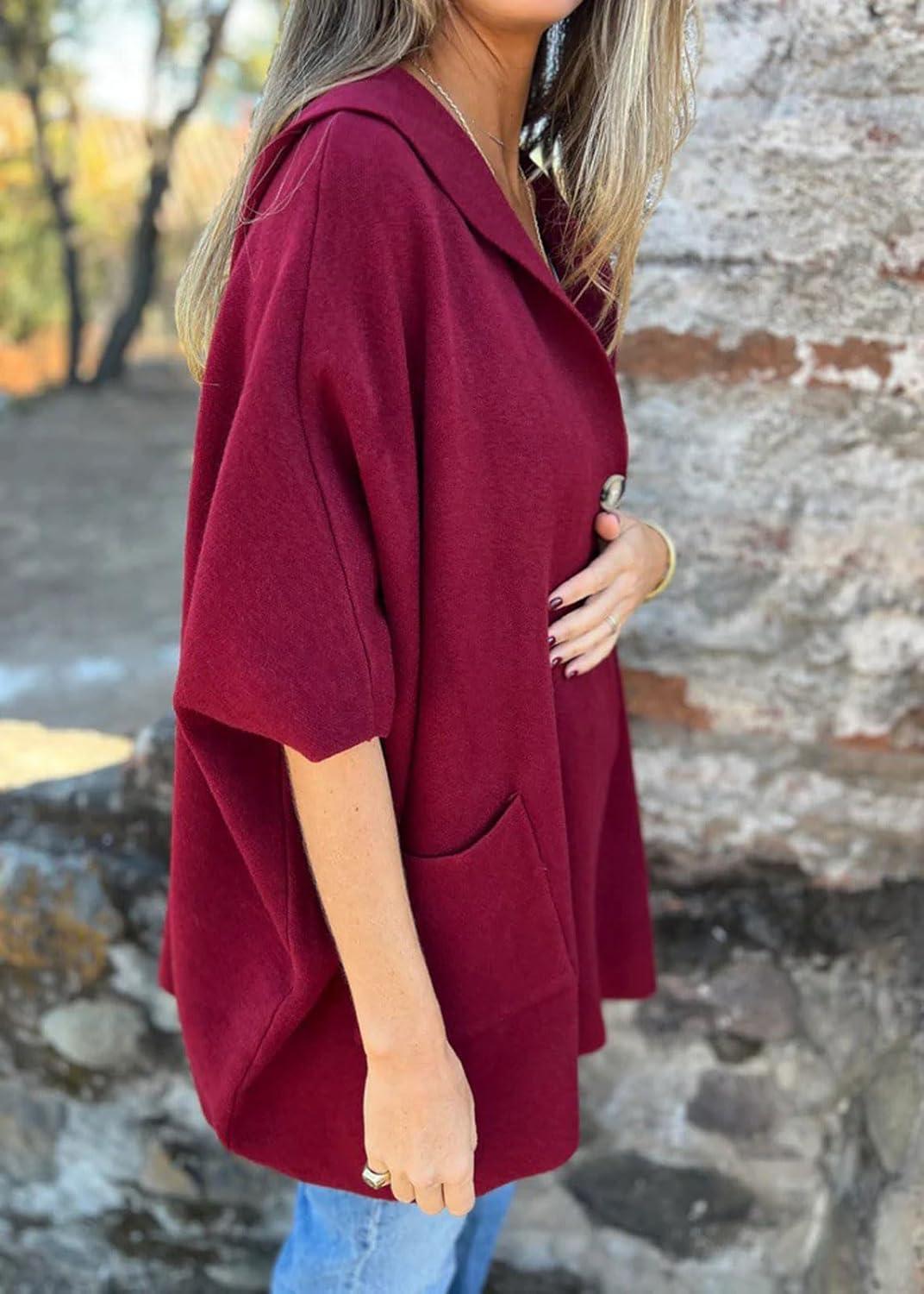 imageCHARTOU Womens Oversized Hooded Cape Jacket Short Sleeve Cardigan Coat One Piece Poncho Top with PocketsBurgundy