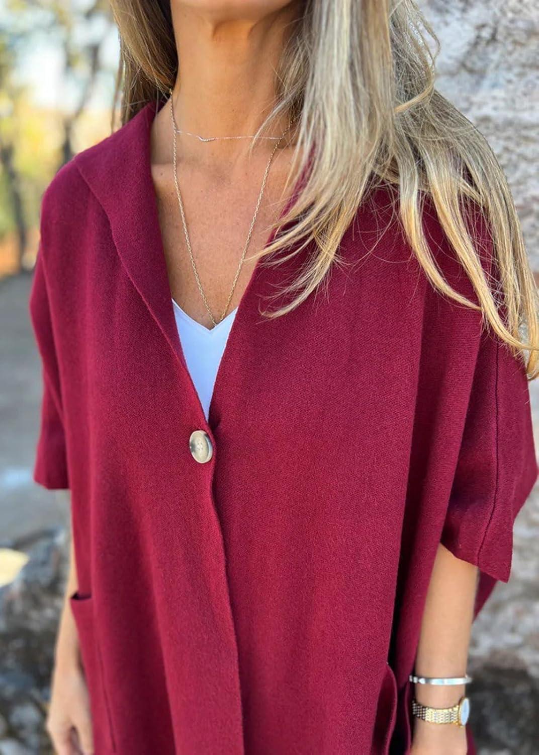 imageCHARTOU Womens Oversized Hooded Cape Jacket Short Sleeve Cardigan Coat One Piece Poncho Top with PocketsBurgundy