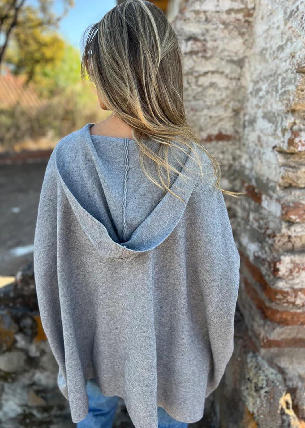 imageCHARTOU Womens Oversized Hooded Cape Jacket Short Sleeve Cardigan Coat One Piece Poncho Top with PocketsGrey