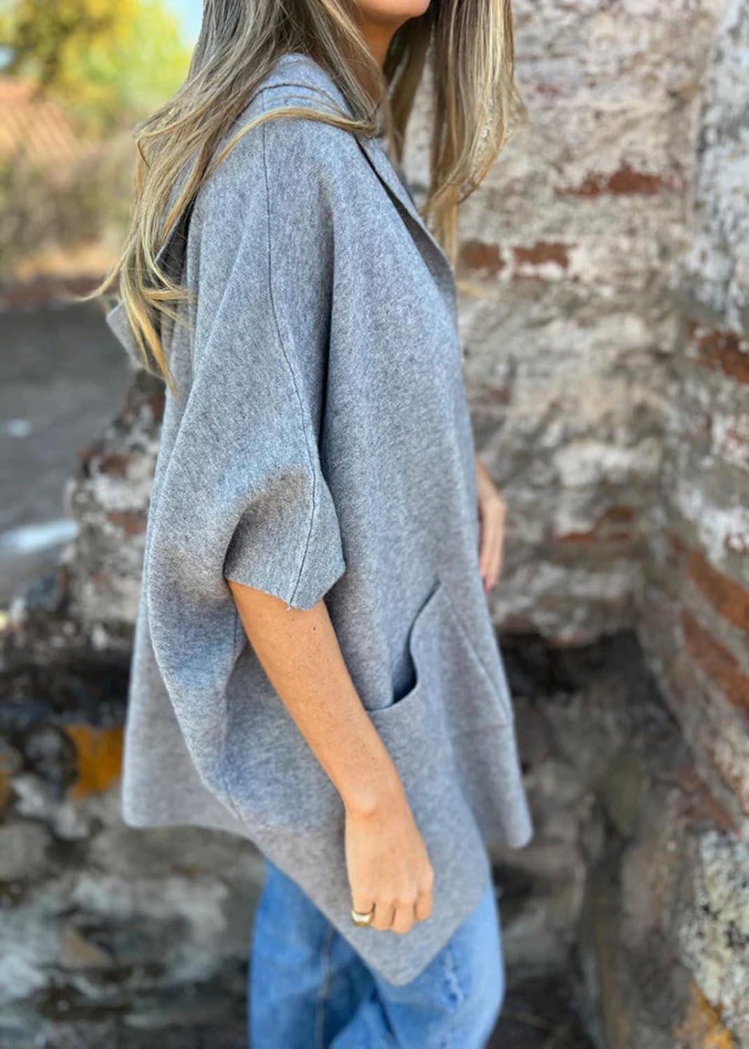 imageCHARTOU Womens Oversized Hooded Cape Jacket Short Sleeve Cardigan Coat One Piece Poncho Top with PocketsGrey