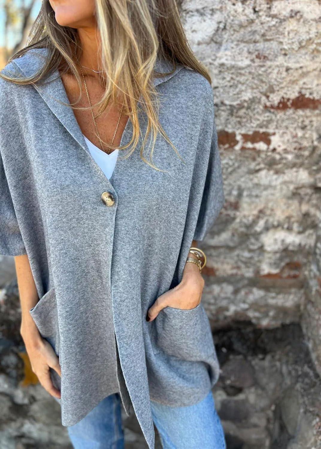 imageCHARTOU Womens Oversized Hooded Cape Jacket Short Sleeve Cardigan Coat One Piece Poncho Top with PocketsGrey