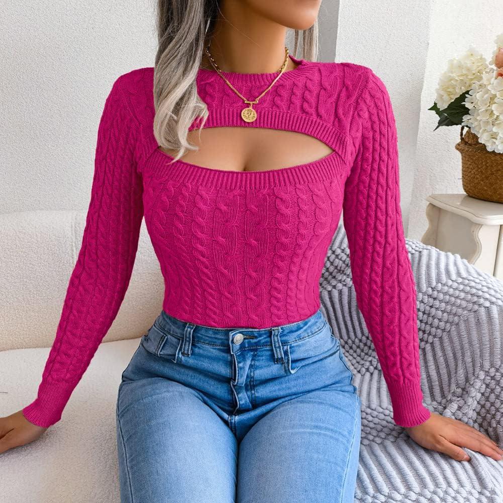 imageCHARTOU Womens Sexy Cut Out Front Chunky Cable Knit Fitted Sweater TopsRose