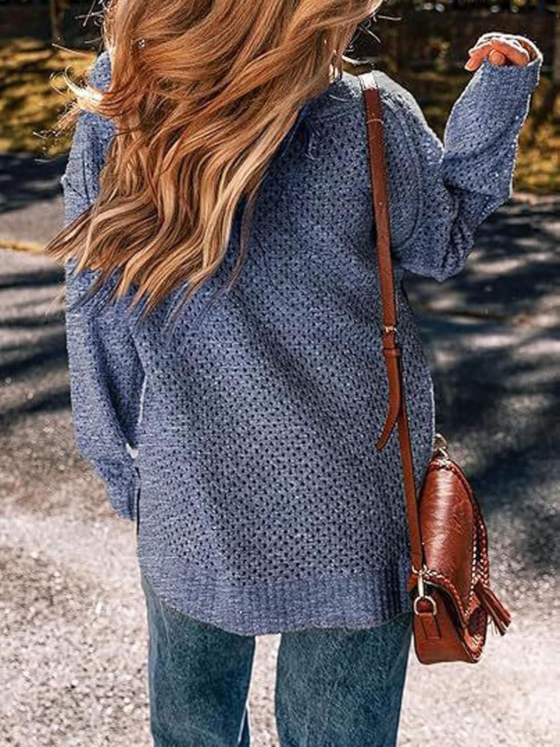 imageCHARTOU Womens Waffle Long Sleeve V Neck Knit Pullover Sweater Oversized Side Slit Cardigan Fall OutwearsBlue