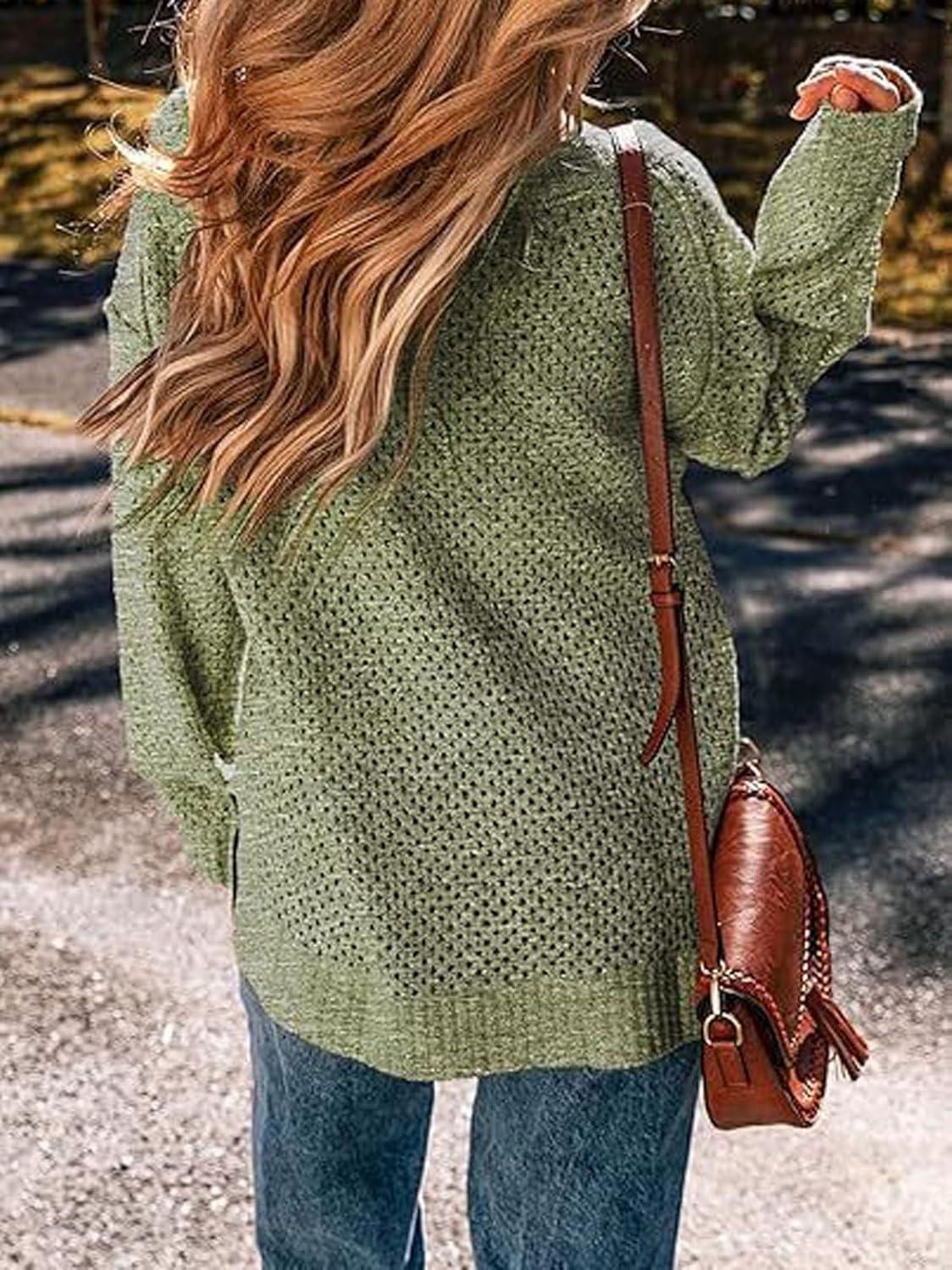 imageCHARTOU Womens Waffle Long Sleeve V Neck Knit Pullover Sweater Oversized Side Slit Cardigan Fall OutwearsGreen