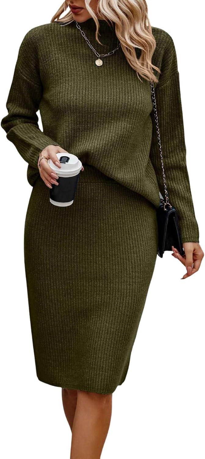 imageWomen 2 Piece Knit Sweater Skirt Set Midi Sweater Dress Long Sleeve Pullover Bodycon Knitted Skirt Set OutfitArmy Green