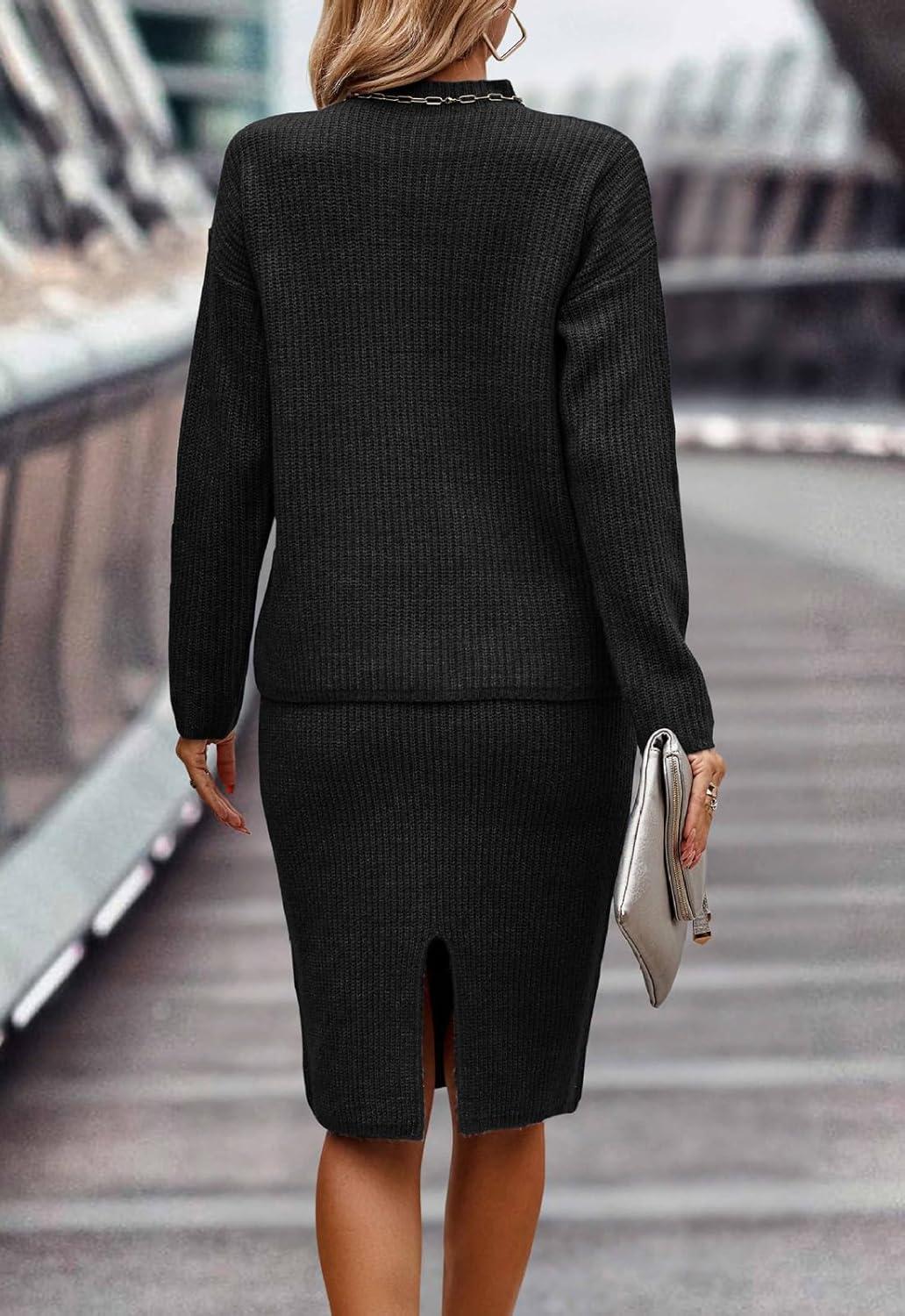 imageWomen 2 Piece Knit Sweater Skirt Set Midi Sweater Dress Long Sleeve Pullover Bodycon Knitted Skirt Set OutfitBlack