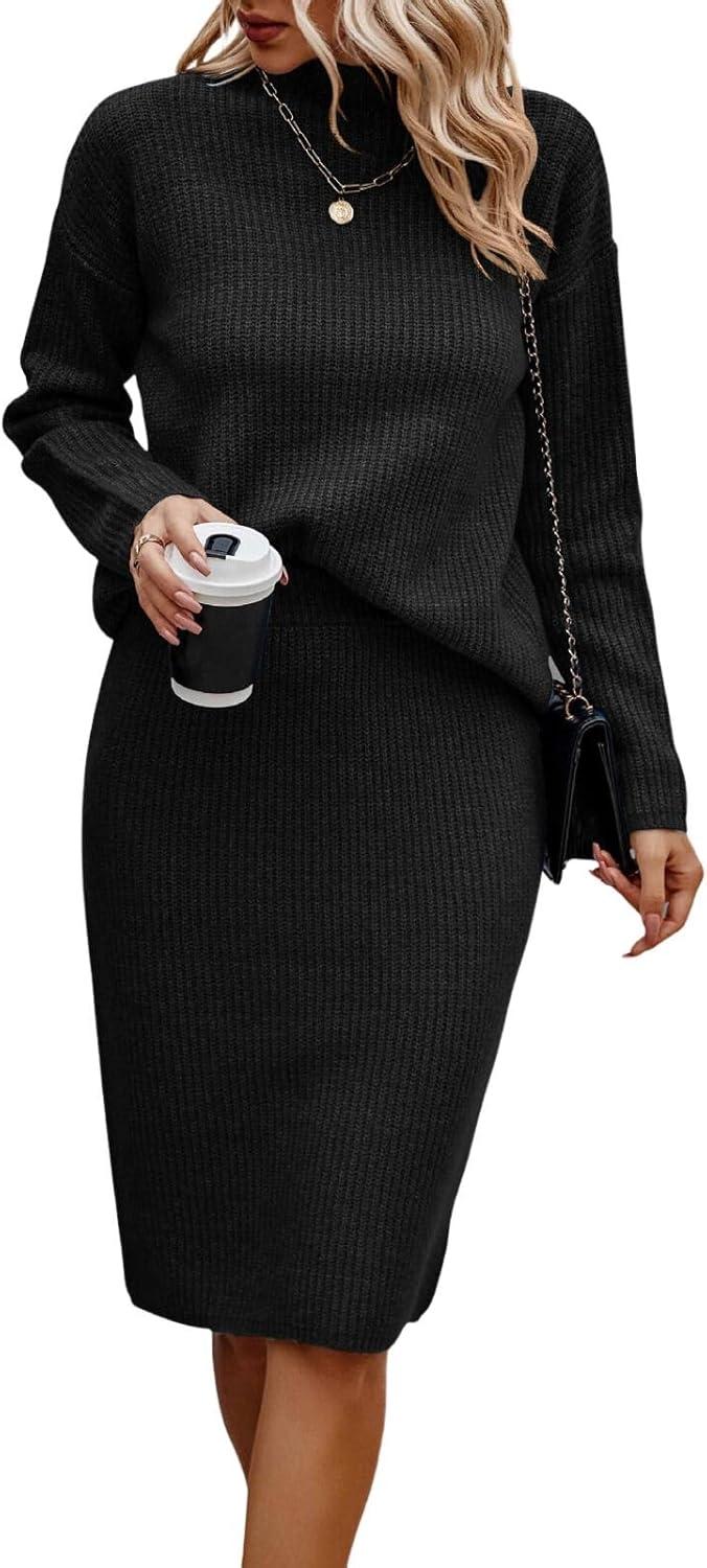 imageWomen 2 Piece Knit Sweater Skirt Set Midi Sweater Dress Long Sleeve Pullover Bodycon Knitted Skirt Set OutfitBlack