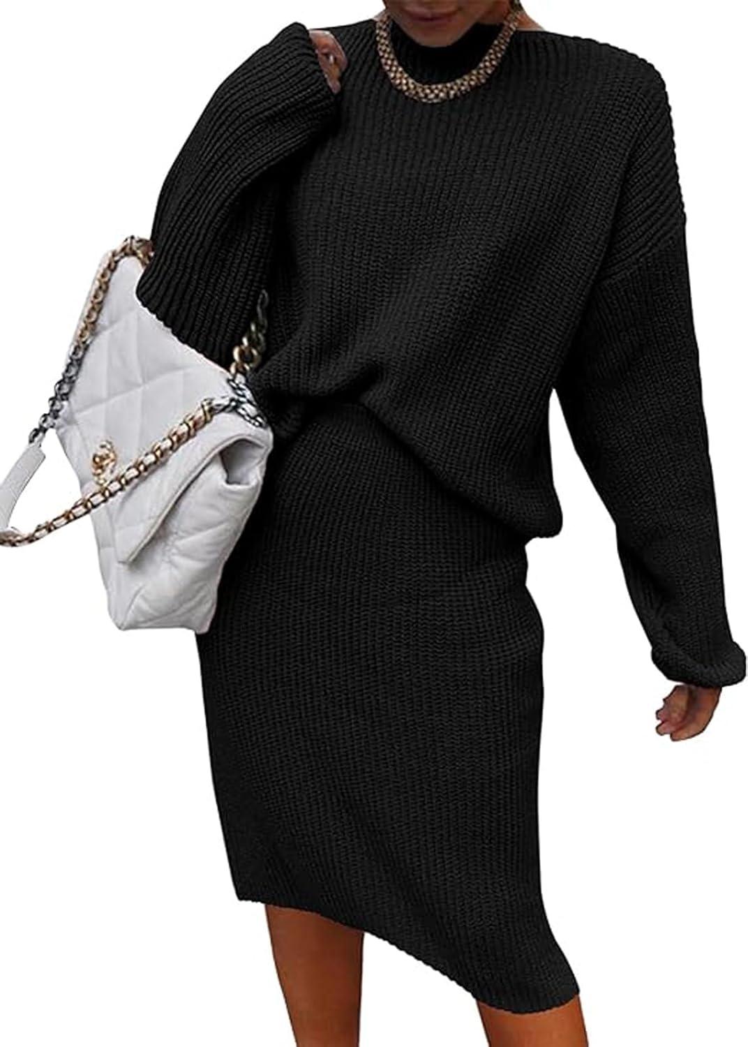 imageWomen 2 Piece Knit Sweater Skirt Set Midi Sweater Dress Long Sleeve Pullover Bodycon Knitted Skirt Set OutfitBlack