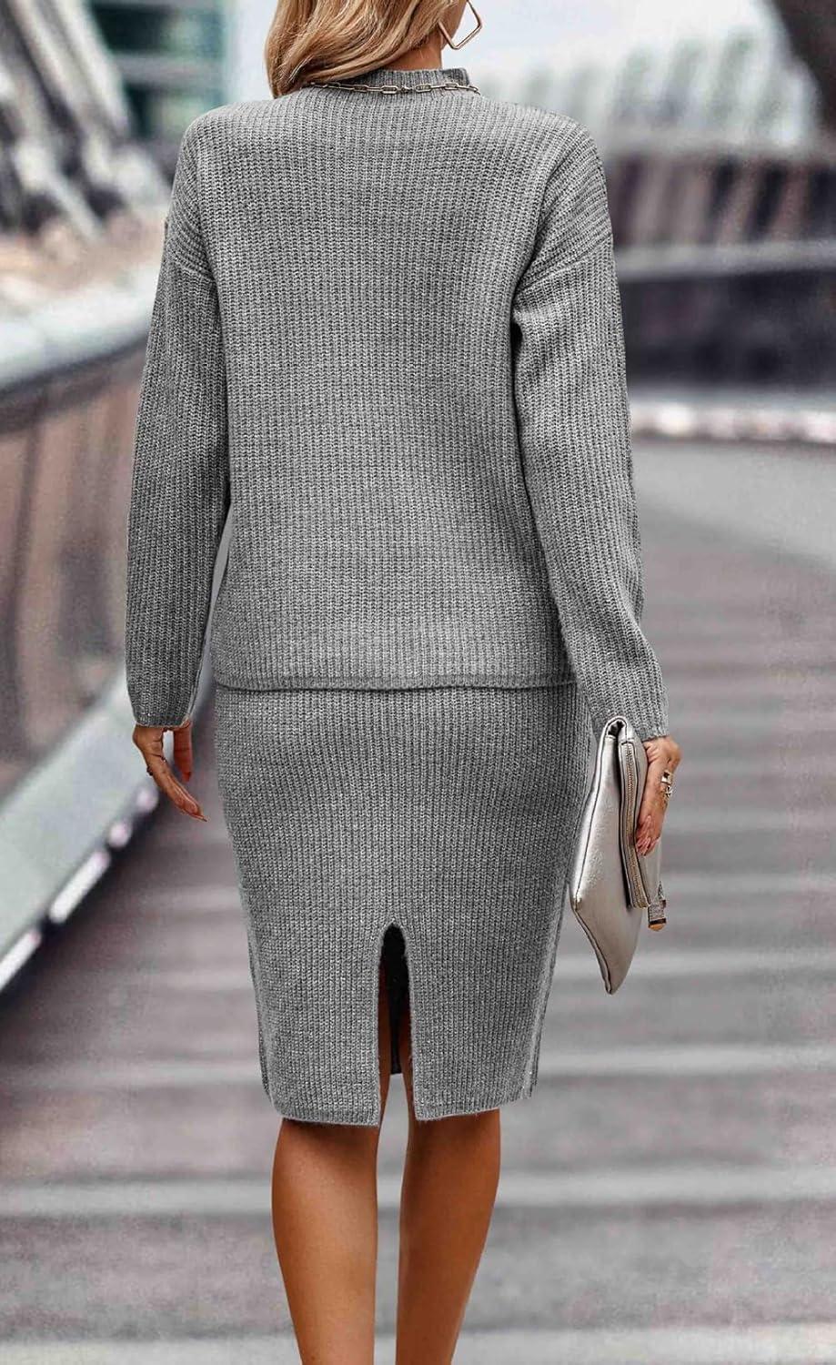 imageWomen 2 Piece Knit Sweater Skirt Set Midi Sweater Dress Long Sleeve Pullover Bodycon Knitted Skirt Set OutfitGrey