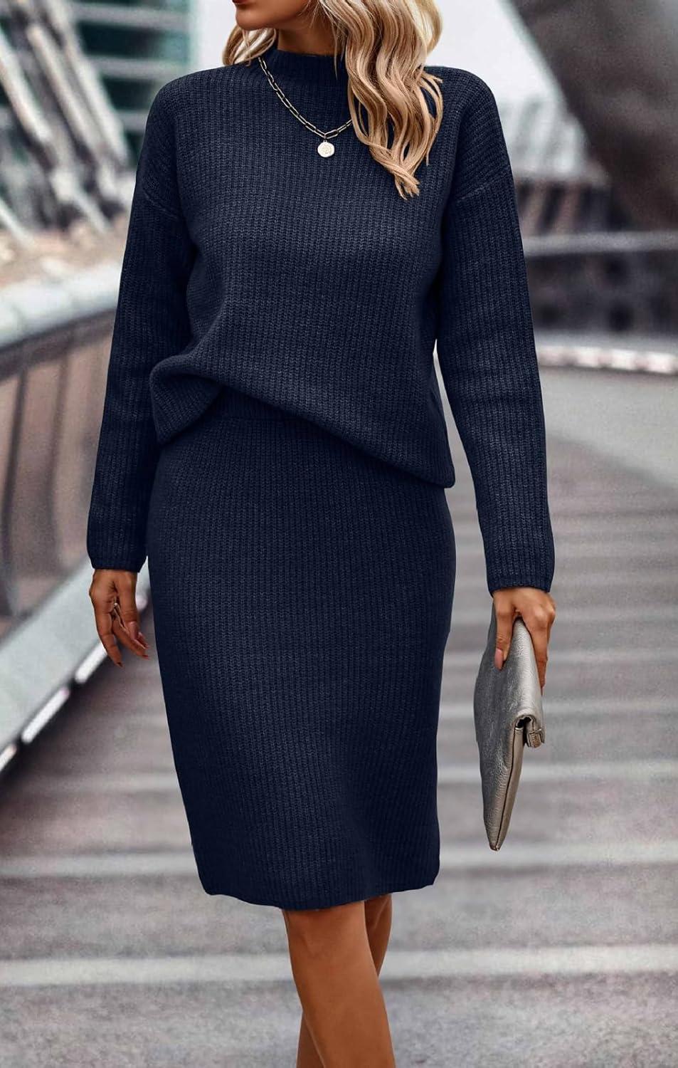 imageWomen 2 Piece Knit Sweater Skirt Set Midi Sweater Dress Long Sleeve Pullover Bodycon Knitted Skirt Set OutfitNavy