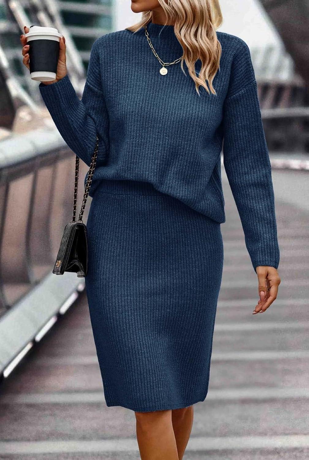 imageWomen 2 Piece Knit Sweater Skirt Set Midi Sweater Dress Long Sleeve Pullover Bodycon Knitted Skirt Set OutfitSea Blue