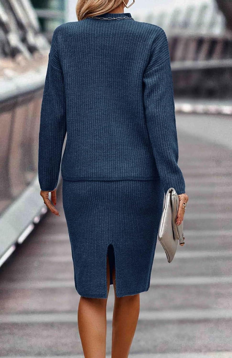 imageWomen 2 Piece Knit Sweater Skirt Set Midi Sweater Dress Long Sleeve Pullover Bodycon Knitted Skirt Set OutfitSea Blue
