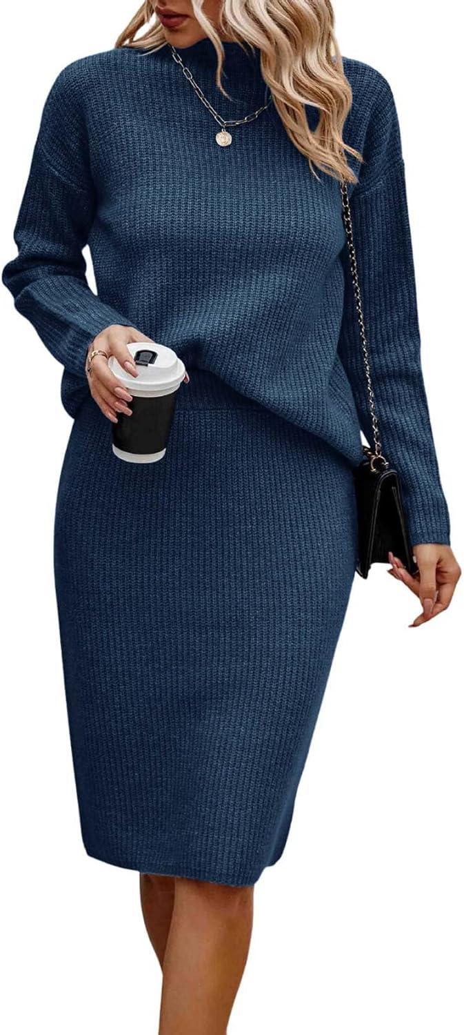 imageWomen 2 Piece Knit Sweater Skirt Set Midi Sweater Dress Long Sleeve Pullover Bodycon Knitted Skirt Set OutfitSea Blue