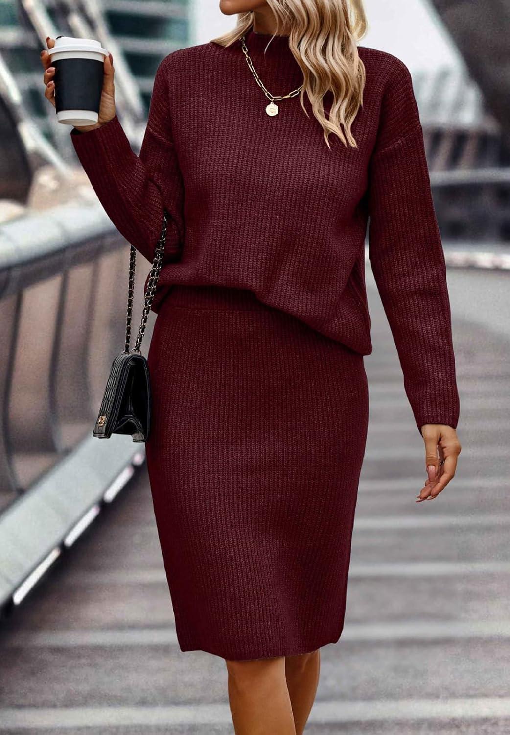imageWomen 2 Piece Knit Sweater Skirt Set Midi Sweater Dress Long Sleeve Pullover Bodycon Knitted Skirt Set OutfitWine Red