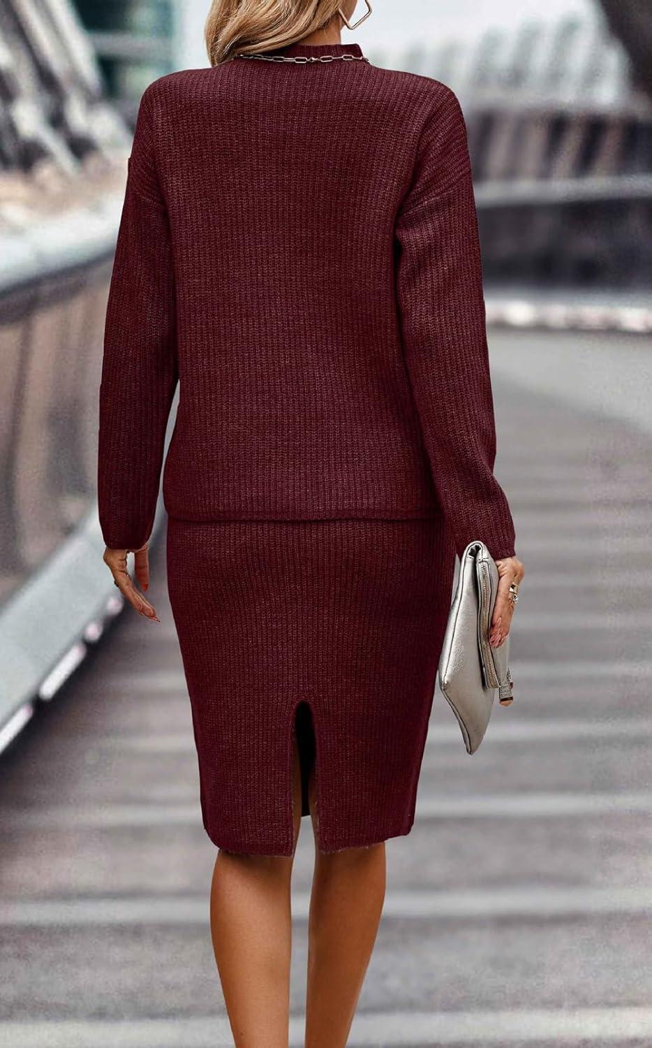 imageWomen 2 Piece Knit Sweater Skirt Set Midi Sweater Dress Long Sleeve Pullover Bodycon Knitted Skirt Set OutfitWine Red