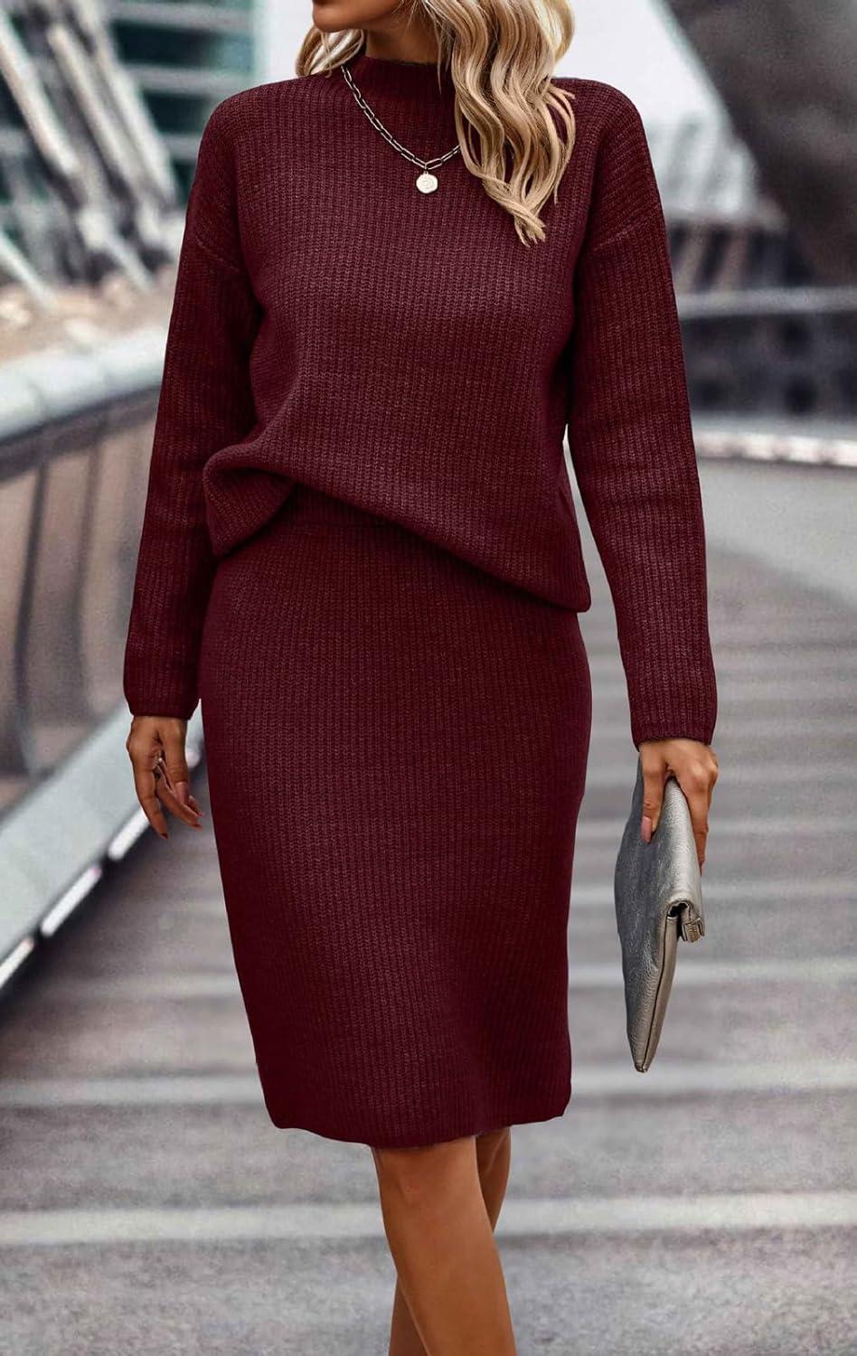 imageWomen 2 Piece Knit Sweater Skirt Set Midi Sweater Dress Long Sleeve Pullover Bodycon Knitted Skirt Set OutfitWine Red