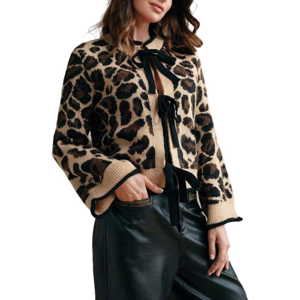 imageCHARTOU Leopard Cardigan Sweater for Women Y2k Tie Front Bow Cropped Cardigan Knit TopsBrown