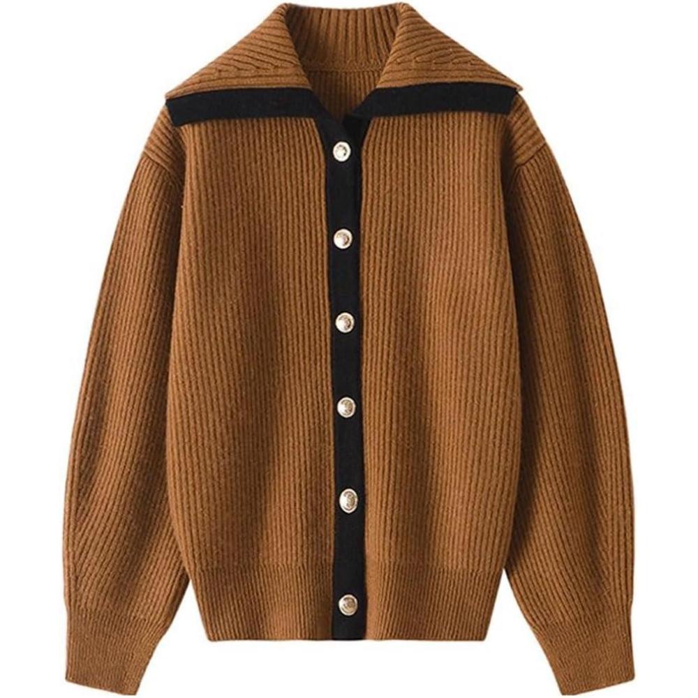 imageCHARTOU Women Fall Button Down Cardigan Sweaters Lapel Collar Dressy Casual Contrast Trim Knit Jacket Trendy OuterwearBrown