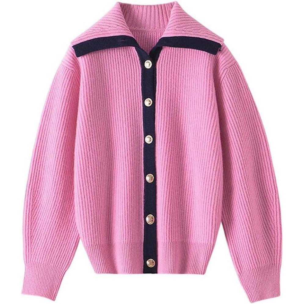 imageCHARTOU Women Fall Button Down Cardigan Sweaters Lapel Collar Dressy Casual Contrast Trim Knit Jacket Trendy OuterwearPink