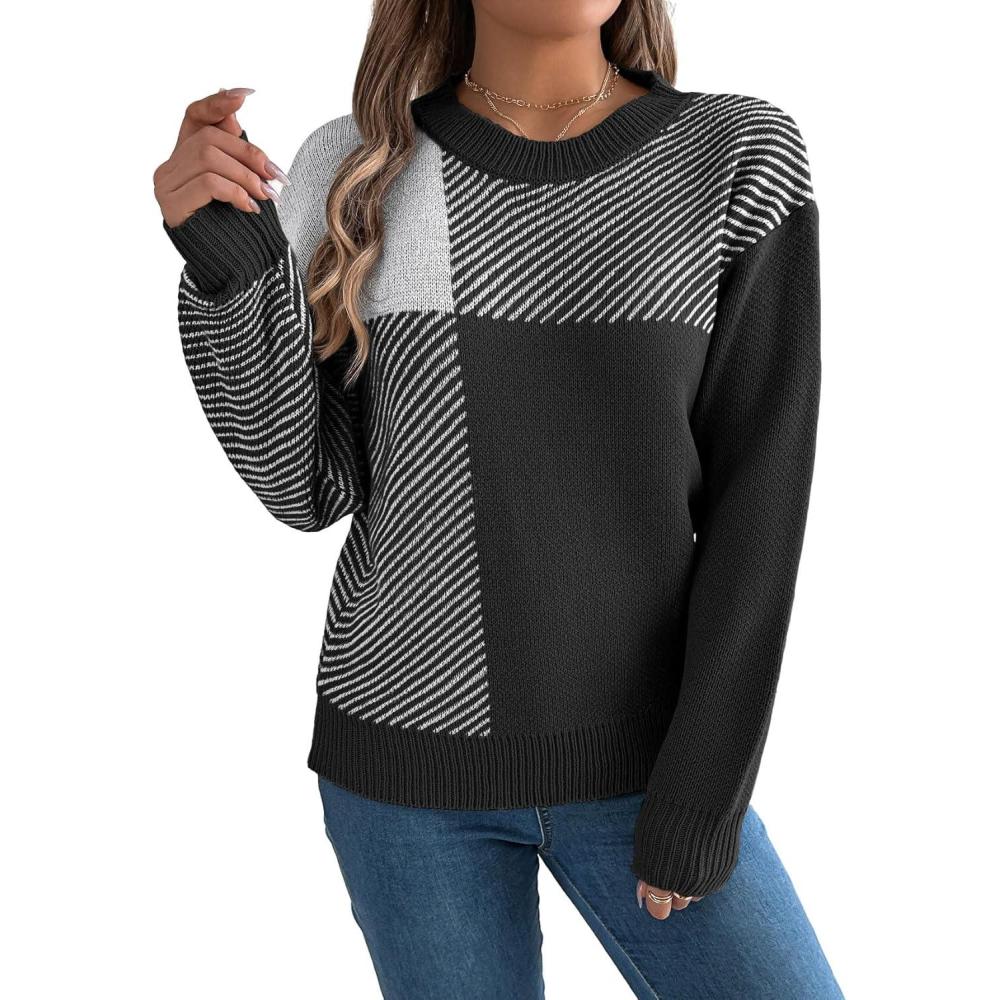 imageCHARTOU Women Fall Checker Sweaters Casual Crew Neck Knitted Pullover Sweater Jumper TopsBlack