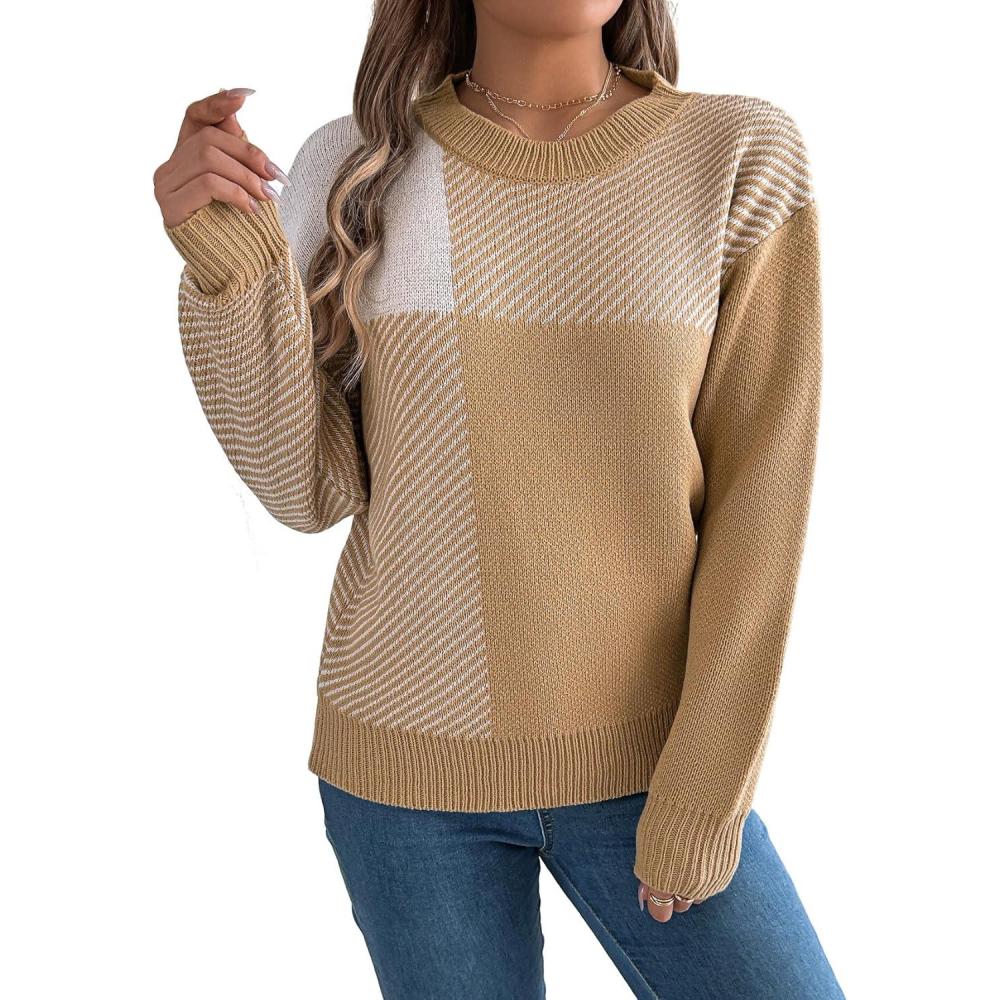 imageCHARTOU Women Fall Checker Sweaters Casual Crew Neck Knitted Pullover Sweater Jumper TopsKhaki