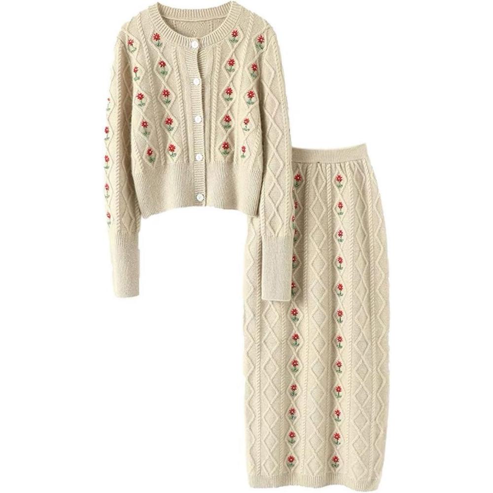 imageCHARTOU Women Fall Winter 2 Pieces Outfits Embroidery Crop Tops Bodycon Long Cardigan Sweater Skirt SetsApricot