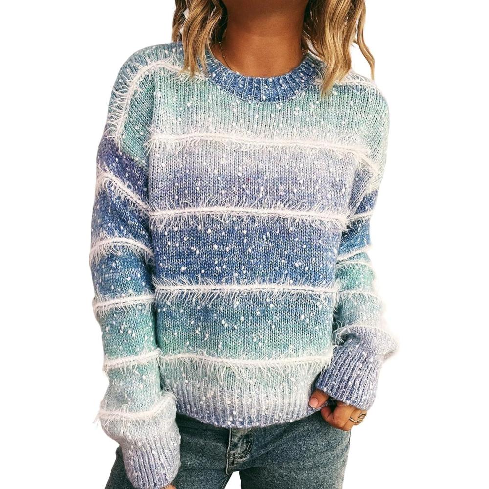 imageCHARTOU Women Fuzzy Contrast Striped Faux Fur Mink Pullover Sweater Fall Color Block Crewneck Jumper TopsBlue