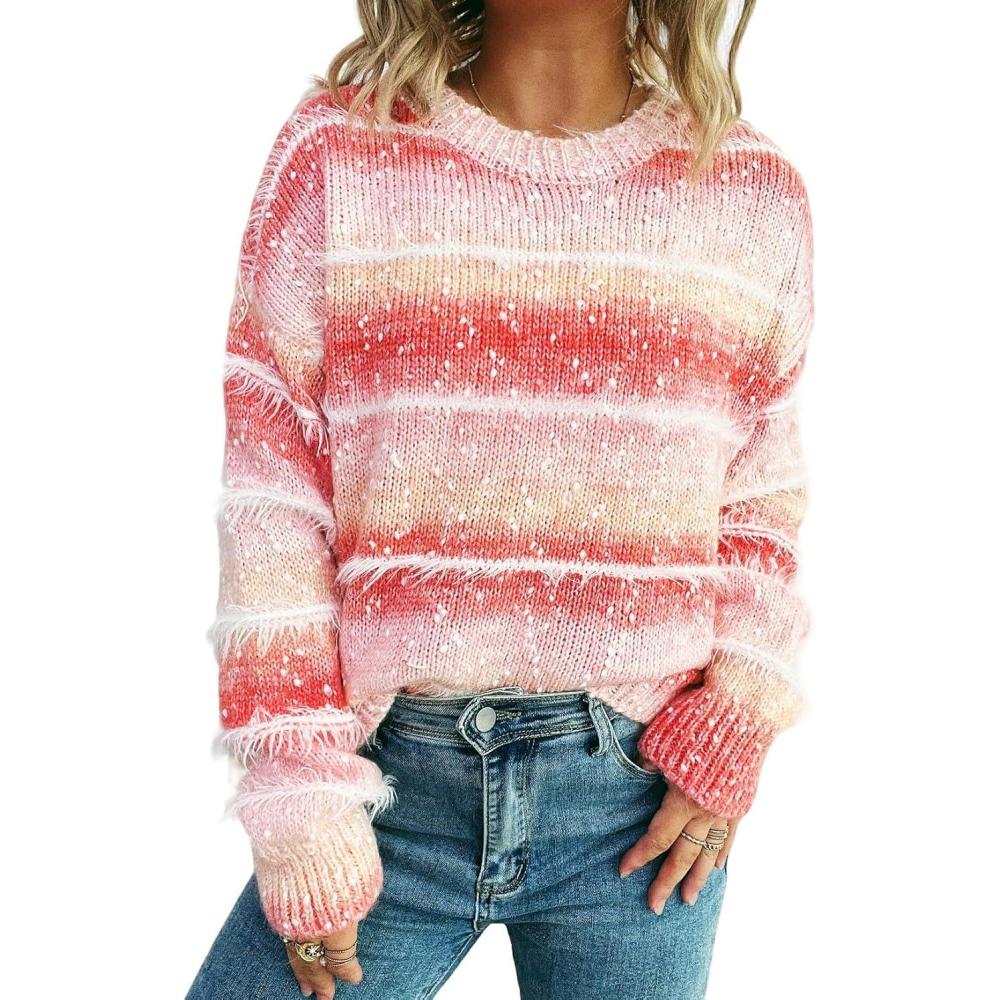 imageCHARTOU Women Fuzzy Contrast Striped Faux Fur Mink Pullover Sweater Fall Color Block Crewneck Jumper TopsPink