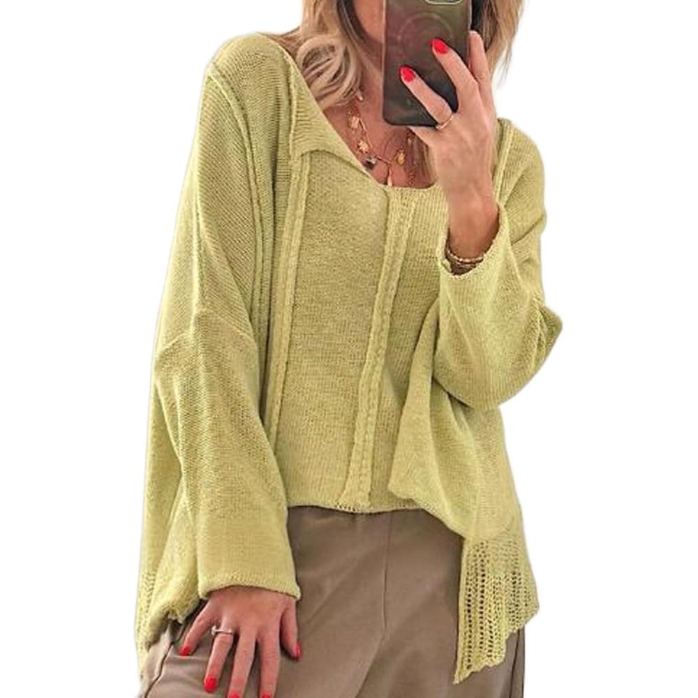 imageCHARTOU Women Lightweight Knit Sweater Fall Drape Lapel Crop Loose Pullover Casual Jumper OutwearGreen