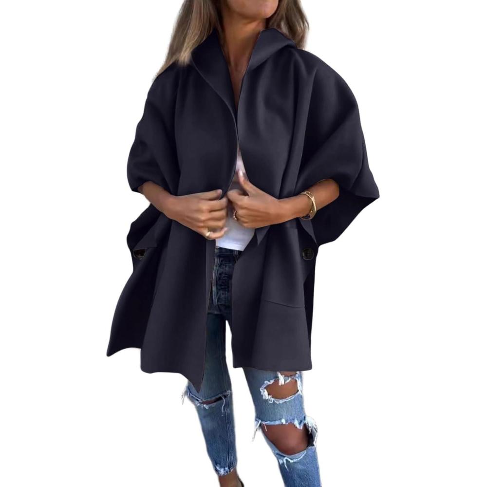 imageCHARTOU Women One Piece Poncho Jacket Cape Sleeve Shawl Neck Coat Casual Wrap Knit Open Front CardiganBlack