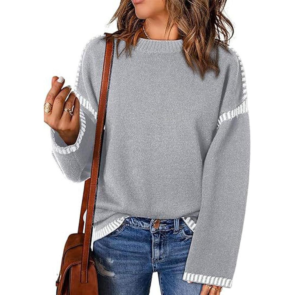 imageCHARTOU Women Oversized Cable Knit Sweater Long Sleeve Crewneck Knitted Sweater Pullover Jumper TopGrey