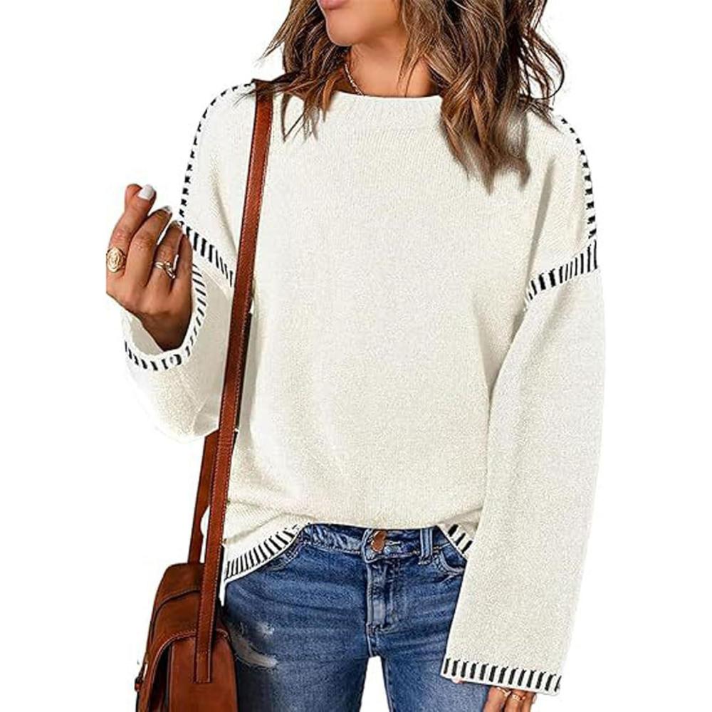 imageCHARTOU Women Oversized Cable Knit Sweater Long Sleeve Crewneck Knitted Sweater Pullover Jumper TopWhite