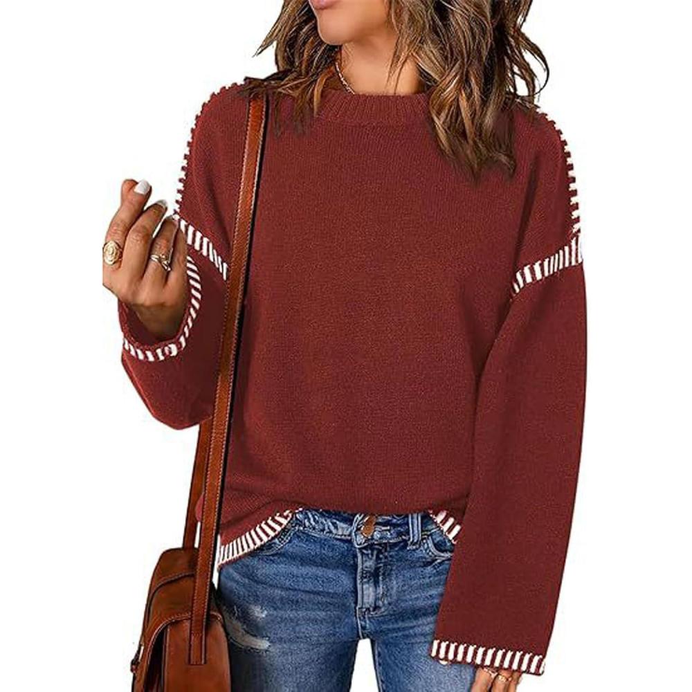 imageCHARTOU Women Oversized Cable Knit Sweater Long Sleeve Crewneck Knitted Sweater Pullover Jumper TopWine Red