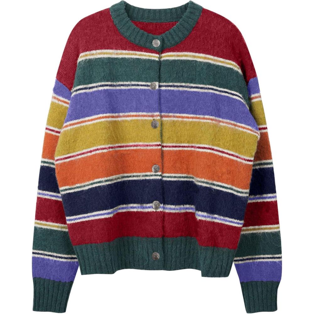 imageCHARTOU Women Striped Cardigan Sweaters Fall Trendy Rainbow Color Block Open Front Sweater CoatsGreen