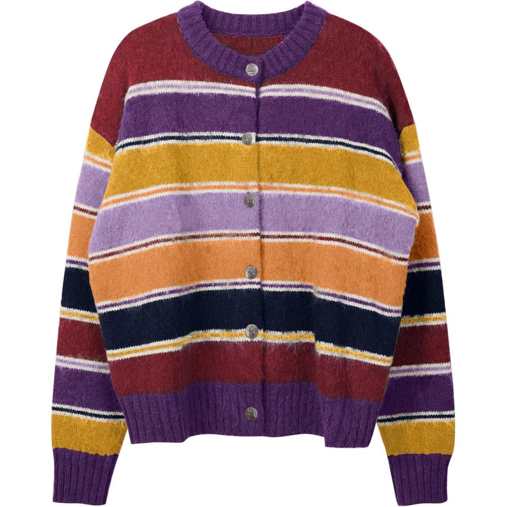 imageCHARTOU Women Striped Cardigan Sweaters Fall Trendy Rainbow Color Block Open Front Sweater CoatsPurple