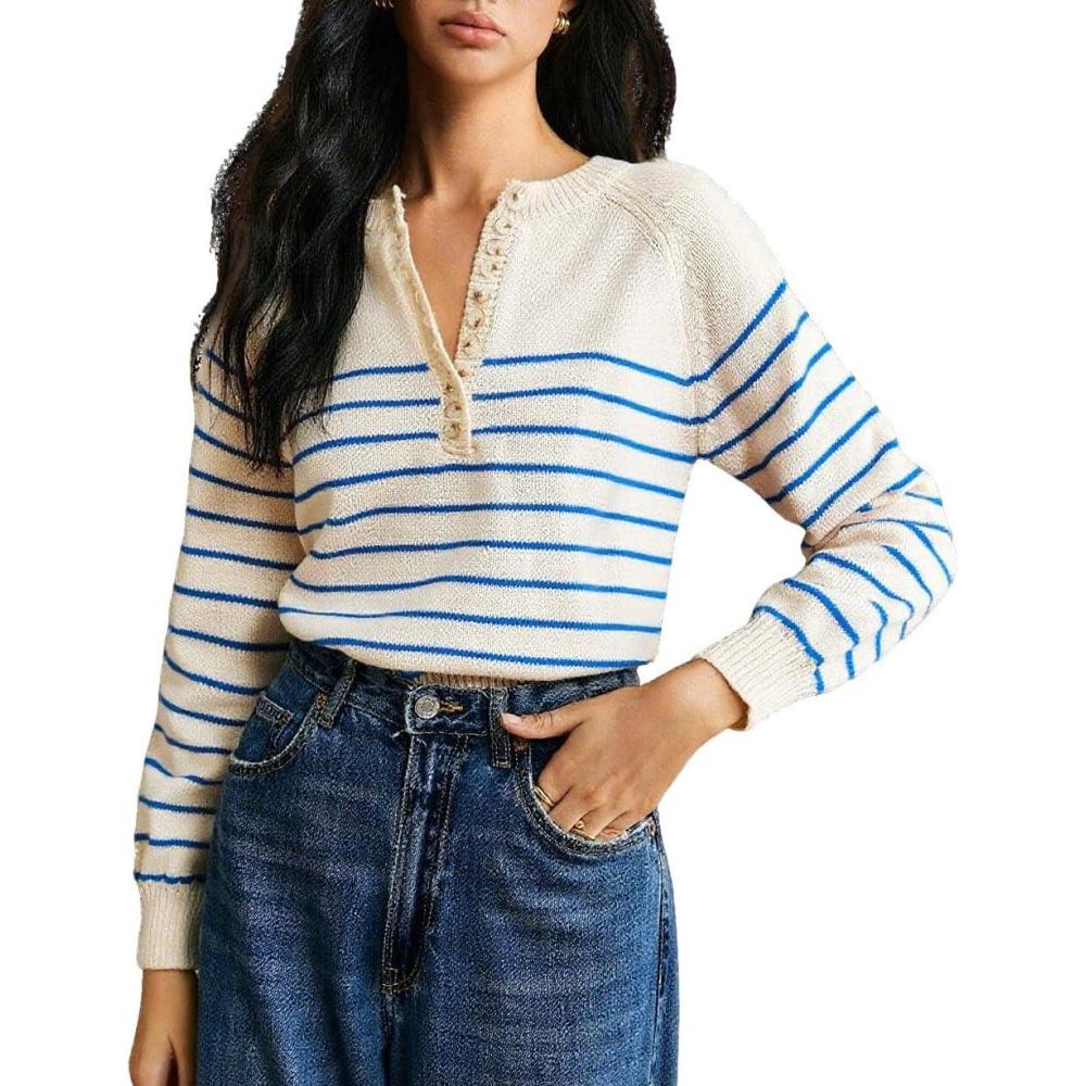imageCHARTOU Women Striped Pullover Sweater Half Button Crew Neck Casual Sweater Jumper TopsBlue
