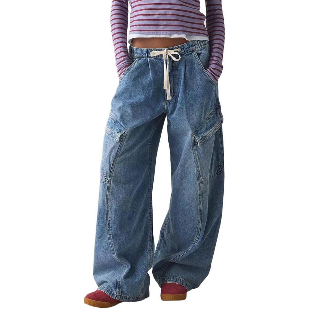 imageCHARTOU Women Wide Leg Baggy Jeans Barrel Drawstring Denim Pants Cargo Elastic Mid Waist SweatpantsBlue