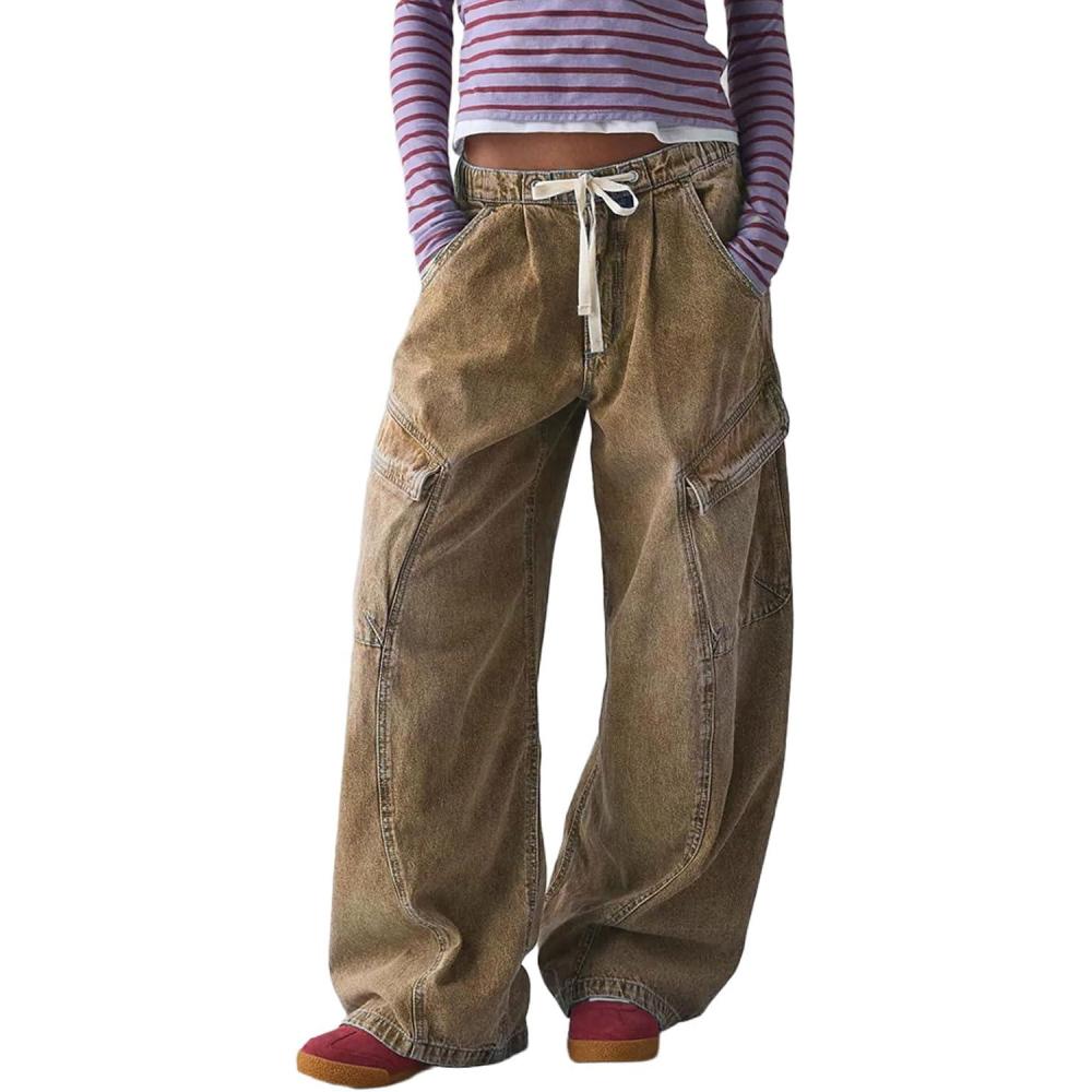 imageCHARTOU Women Wide Leg Baggy Jeans Barrel Drawstring Denim Pants Cargo Elastic Mid Waist SweatpantsBrown