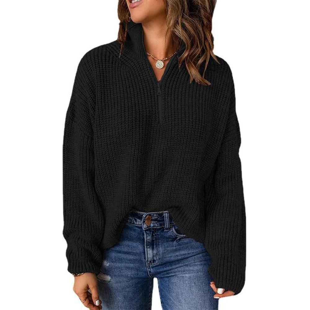 imageCHARTOU Womens Fall 14 Zipper BatWing Sleeve Oversized Sweatshirt Slouchy Jumper Pullover SweaterBlack