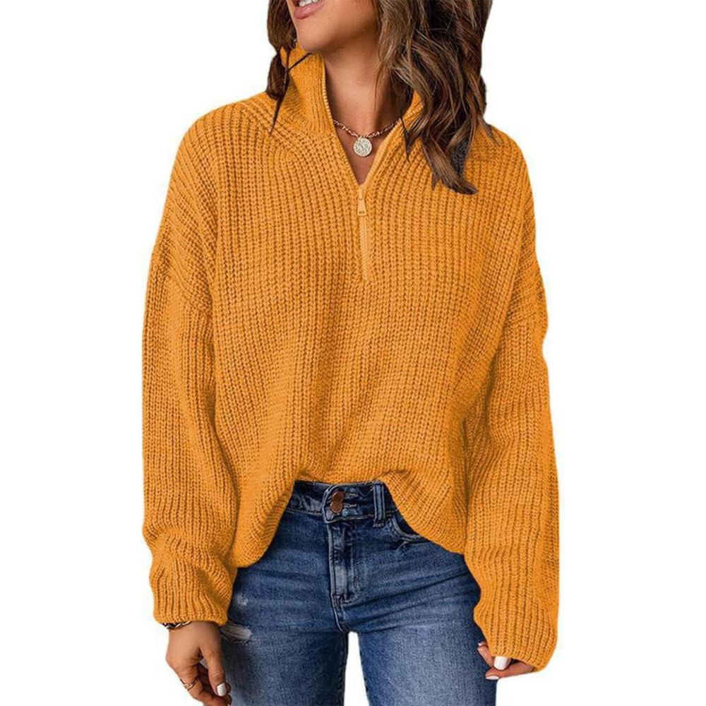 imageCHARTOU Womens Fall 14 Zipper BatWing Sleeve Oversized Sweatshirt Slouchy Jumper Pullover SweaterYellow