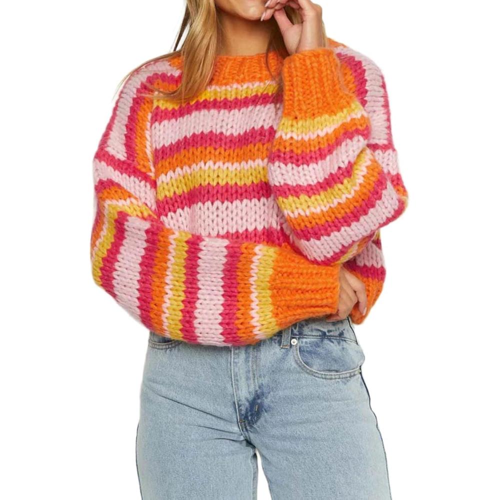 imageCHARTOU Womens Fall Cropped Sweater Chunky Knit Contrast Striped Winter Thick Sweater Pullover Cute TopsOrange