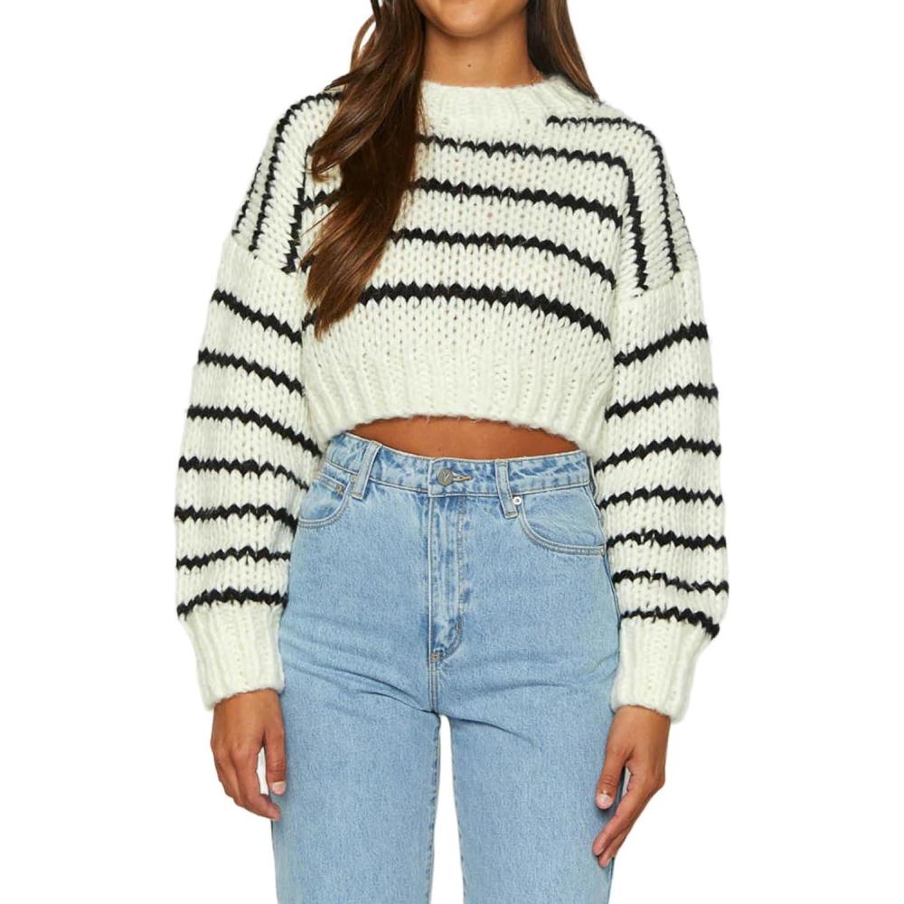 imageCHARTOU Womens Fall Cropped Sweater Chunky Knit Contrast Striped Winter Thick Sweater Pullover Cute TopsStriped