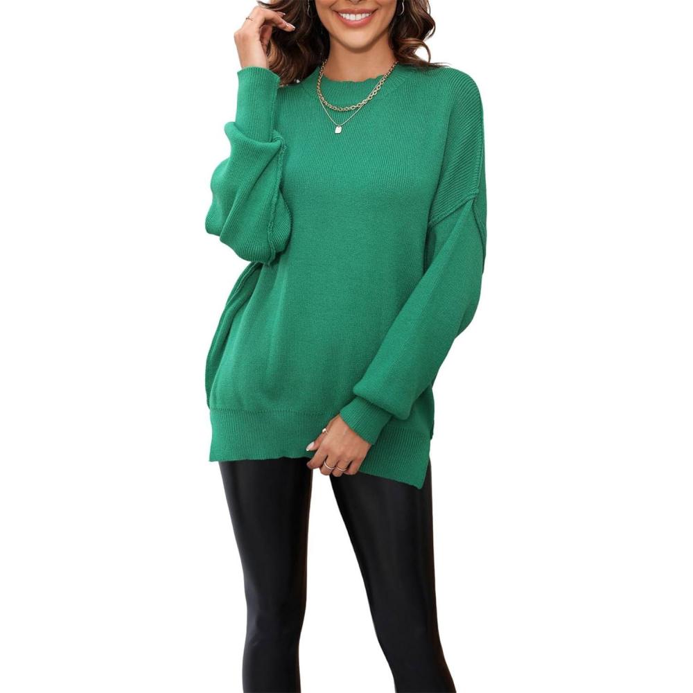 imageCHARTOU Womens Loose Fit Crew Neck Side Split HiLow Oversized Knit Pullover Sweater TopsGreen