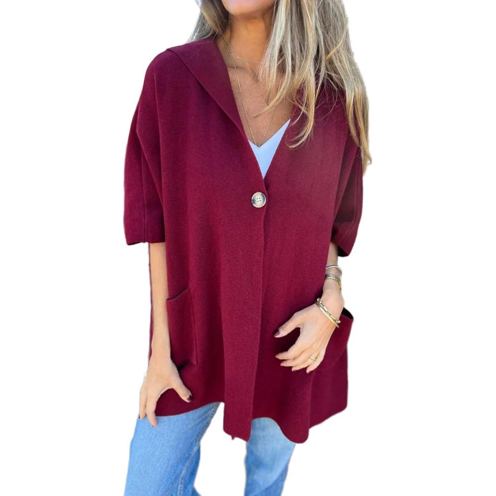 imageCHARTOU Womens Oversized Hooded Cape Jacket Short Sleeve Cardigan Coat One Piece Poncho Top with PocketsBurgundy